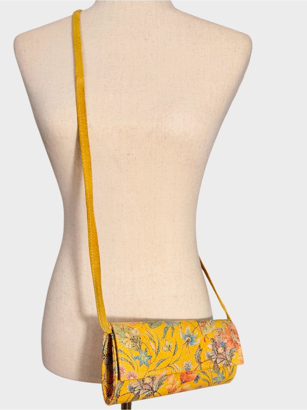 Vintage Clutch Crossbody Shoulder Floral Print Yellow Leather Handmade J Feldman